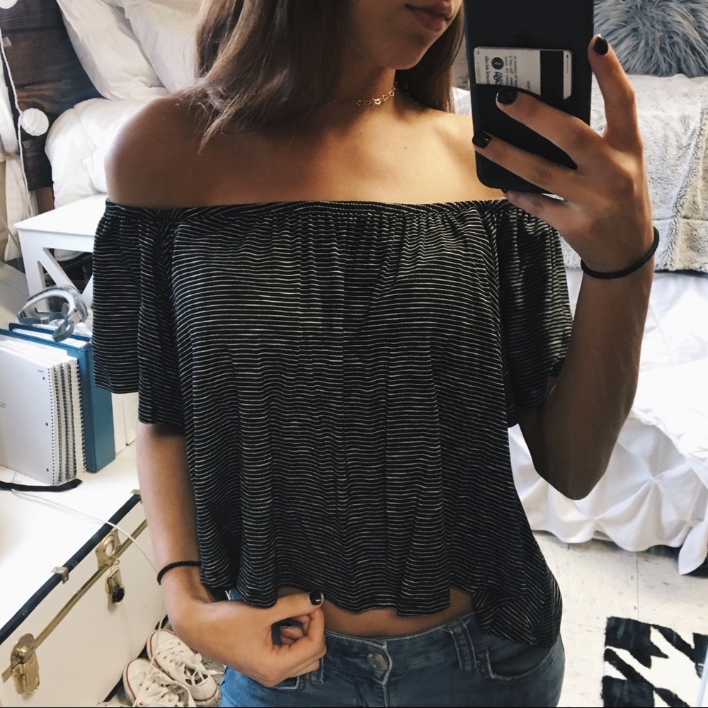 Black & White Stripped Off the Shoulder Crop Top